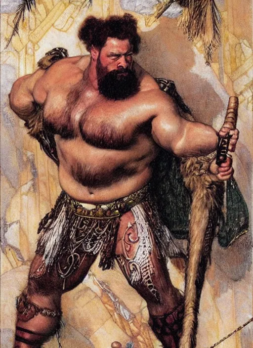 Prompt: eddie hall as hercules dressed in animal skins, by jlawrence alma tadema and rick berry and norman rockwell and greg staples