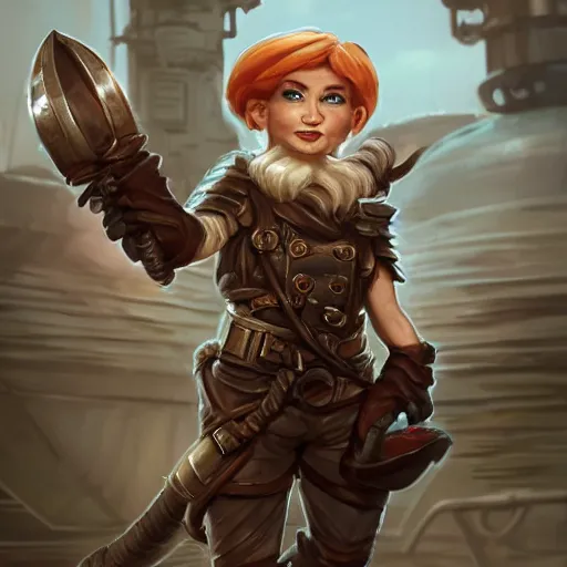 Prompt: full body character design, scrappy female gnome mechanic with pixie undercut hair and one prosthetic metal gauntlet arm standing on a ship deck, naval background, fantasy, D&D, full body portrait, highly detailed, digital painting, HD, trending on ArtStation, dark fantasy, great composition, concept art, matte, sharp focus, illustration, art by artgerm and greg rutkowski