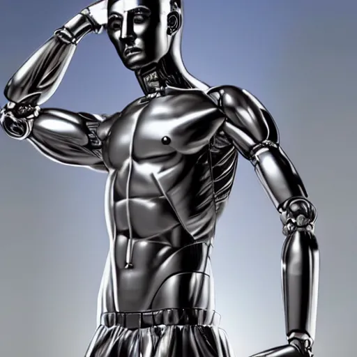 Image similar to a realistic detailed photo of a guy who is an attractive humanoid who is half robot and half humanoid, who is a male android, attractive and handsome soccer players, shiny skin, posing like a statue, blank stare, in a factory, on display, showing off his muscles, wearing soccer shorts, side view, looking at each other mindlessly