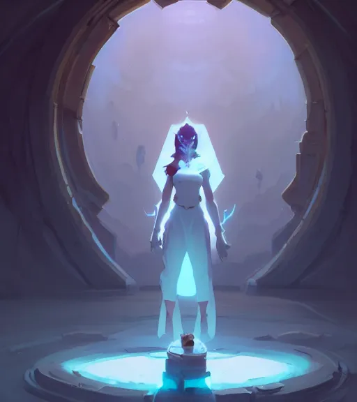 Prompt: a full body portrait of a female mage, d & d, fantasy, standing near a portal by atey ghailan, by greg rutkowski, by greg tocchini, by james gilleard, by joe fenton, by kaethe butcher, dynamic lighting, gradient light blue, brown, blonde cream and white color scheme, grunge aesthetic