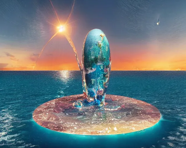 Prompt: a giant sculpture of the birth of the universe on the ocean water, in the style of jeff koons, award winning, cinematic, hyper - realistic, very detailed, realistic water splashes, ray tracing, 8 k resolution, long - shot, sharp focus, low angle, 8 5 mm photograph, wide lens