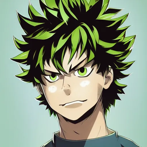 Image similar to izuku midoriya, demon slayer, lightning form, transparent, stern look, comic book thick outline, gta art, anime, d & d, highly detailed, digital painting, artstation, concept art, sharp focus, illustration, cinematic lighting, my hero academia, art by artgerm and greg rutkowski and alphonse mucha