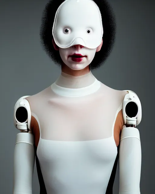 Image similar to portrait of a woman wearing a white embroidered translucent silicone mask and white red frizzy hair buns, wearing a black bodysuit by alexander mcqueen, cream white background, soft diffused light, biotechnology, humanoide robot, bjork aesthetic, translucent, by rineke dijkstra, intricate details, highly detailed, masterpiece,