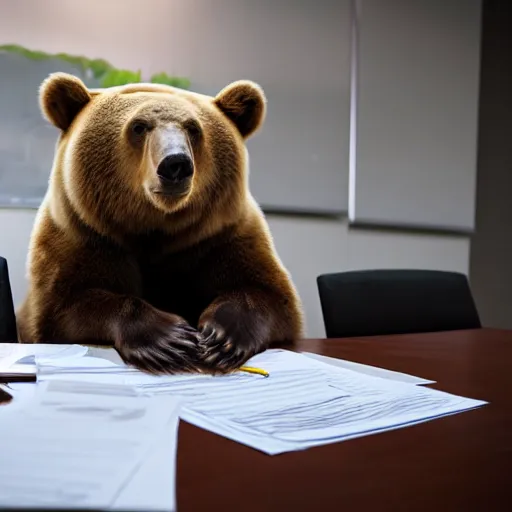 Image similar to bored bear at office, head leaning on paw with elbow on table, piles of paperwork