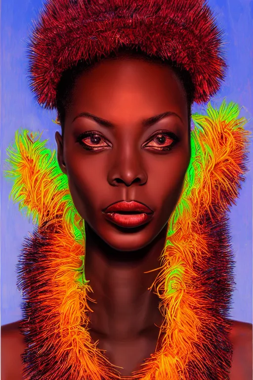 Image similar to detailed portrait of a beautiful African female with face augmentations, strong neon lighting, Afrofuturism, extravagant feathered collar, by glenn fabry, hyper realistic, HD, oil on canvas