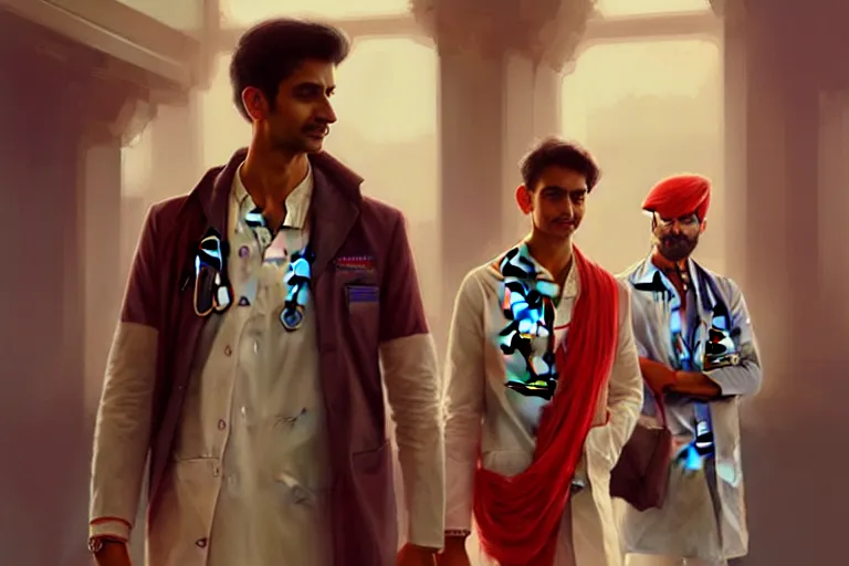 Image similar to Anxious good looking pale young Indian doctors wearing American clothes at the airport, portrait, elegant, intricate, digital painting, artstation, concept art, smooth, sharp focus, illustration, art by artgerm and greg rutkowski and alphonse mucha