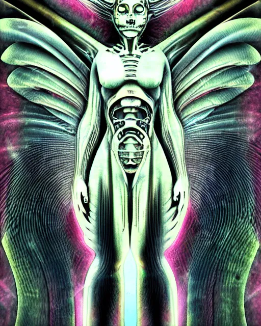 Prompt: biomechanical angel by HR Giger, chromatic aberration rainbow color scheme