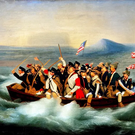 Prompt: Washington crossing the Delaware on the back of a sea serpent, oil on canvas, 1883