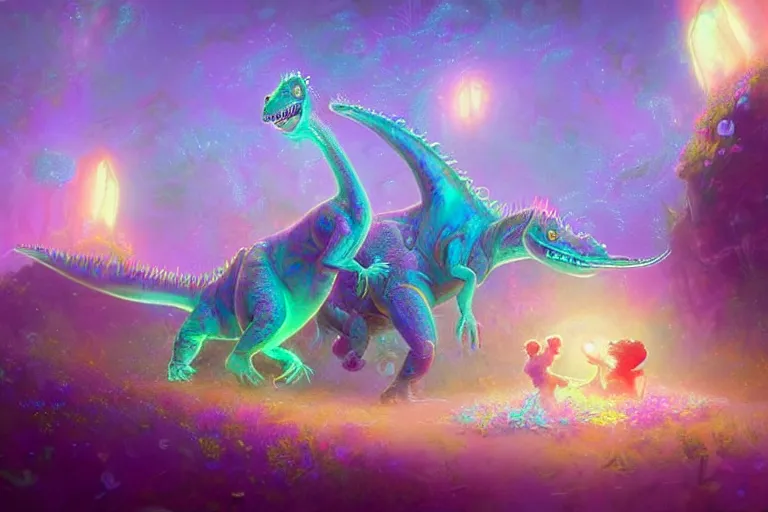 Image similar to a psychedelic realm made entirely out of love and acceptance, astral beings sharing love. filled with cute smiling glowing chibi style pixar baby dinosaurs in the style of greg rutkowski! and wlop and lisa frank! and bob ross!!! and ruan jia, illustration, epic, fantasy, hyper detailed, smooth, unreal engine, sharp focus, ray tracing