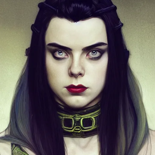 Image similar to Billie Eilish as Female Loki, very detailed, digital art, trending on artstation, concept art, smooth, illustration, art by artgerm and greg rutkowski and alphonse mucha and J. C. Leyendecker and Edmund Blair Leighton and Katsuhiro Otomo and Geof Darrow and Phil hale and Ashley wood and Ilya repin and Charlie Bowater