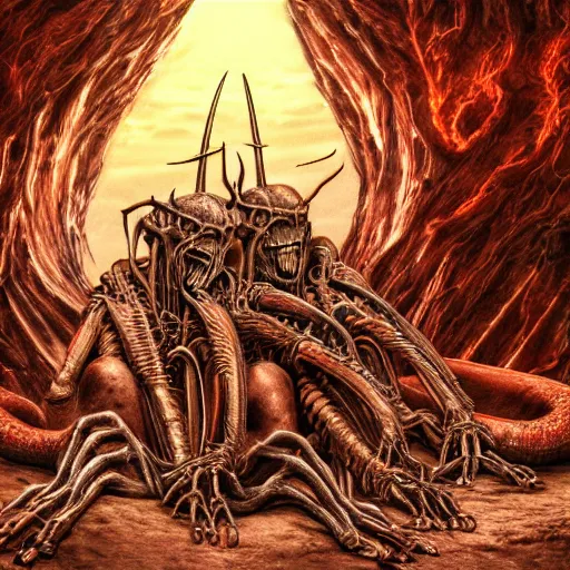 Prompt: conjoined demon twins sitting in a desert holding knives by Yoshitaka Amano, by HR Giger, biomechanical, 4k, hyper detailed, hyperrealism, anime, a Broken World demons flying overhead, red sky, deviantart, artstation