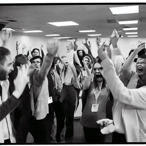 Prompt: cool business people freaking out at work, screaming yelling, throwing things. medium format photograph.