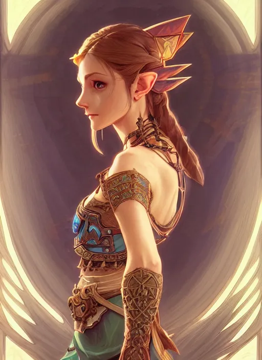 Image similar to zelda with triforce, fantasy, intricate, elegant, highly detailed, digital painting, artstation, concept art, wallpaper, smooth, sharp focus, illustration, art by artgerm and greg rutkowski and alphonse mucha
