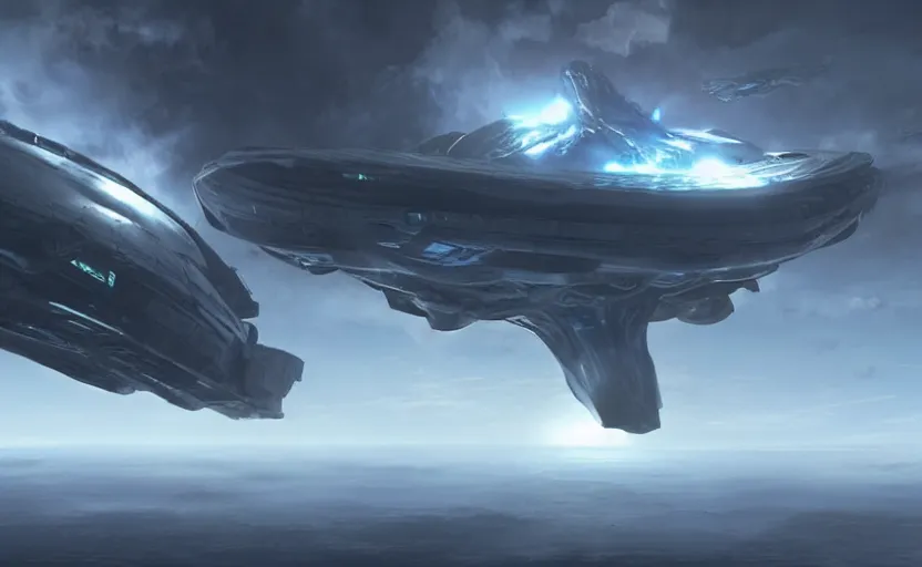 Prompt: an alien ship hovers above a thick layer of clouds, blue sky above, sci-fi concept art, unreal engine 3d