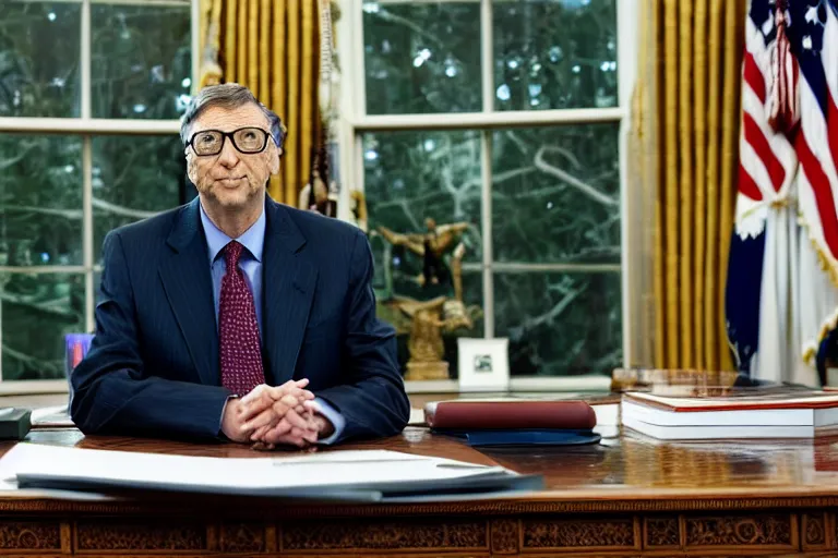 Image similar to president bill gates gives an emergency oval office address, sitting at the resolute desk, circa 2 0 2 2, professional photo, dslr, bokeh