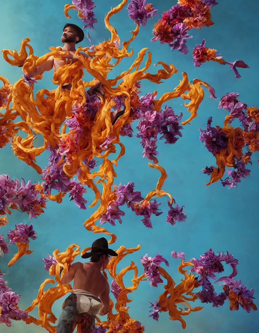 Image similar to a cowboy turning into blooms in real life. tropical sea slugs. bold complementary colors. volumetric lighting, beautiful, golden hour, sharp focus, ultra detailed. by leesha hannigan, ross tran, thierry doizon, kai carpenter, ignacio fernandez rios, noir art house, 4 k, 3 5 mm, fujifilm, sculpture by antonio canova