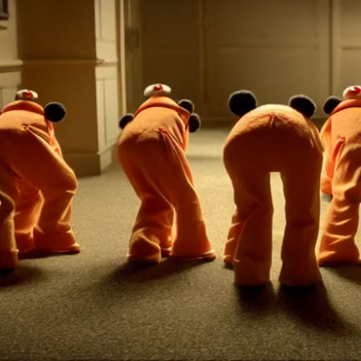 Prompt: human centipede but with muppets, movie still, cinematography, cinematic lighting