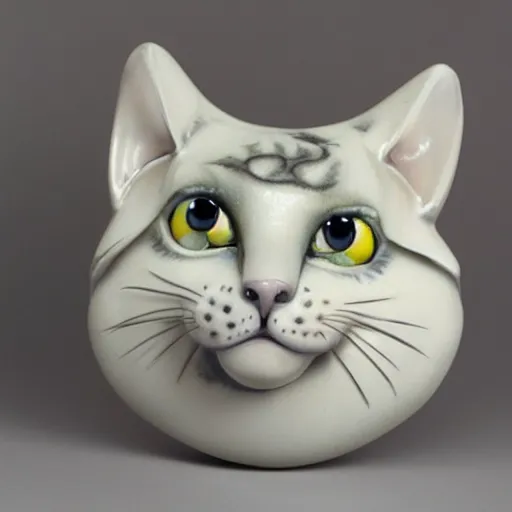 Prompt: porcelain crumpy cat by Rosina Wachtmeister, glossy, 3D, product photo