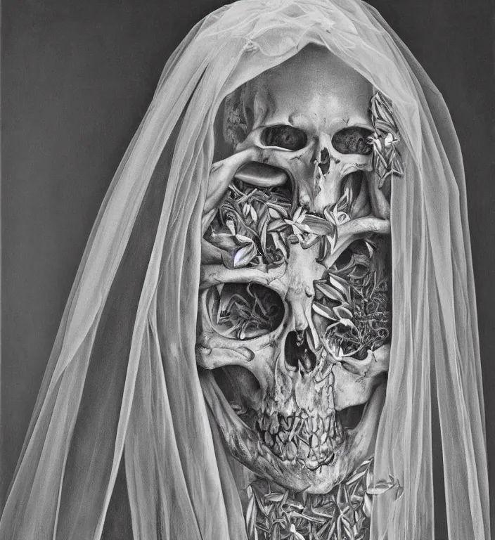 Image similar to portrait of a Bride's skeleton in veil by Laurie Lipton, high detailed, realistic,dark surrealism, hyper detailed