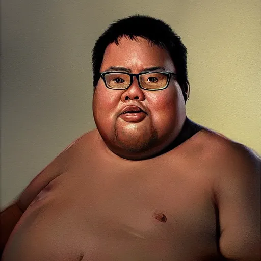 Image similar to hyper realistic, portrait of filipino dwight shrute, extremely obese painted by greg rutkowski, wlop, loish,