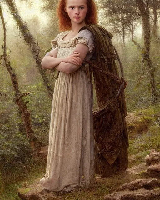 Prompt: a well - lit, realistic portrait painting of a thoughtful girl resembling a young, shy, redheaded irish alicia vikander or millie bobby brown wearing peasant dress in moss - covered ancient stone ruins at sunset, highly detailed, intricate, concept art, artstation, by donato giancola, ron cobb, and william adolphe bouguereau