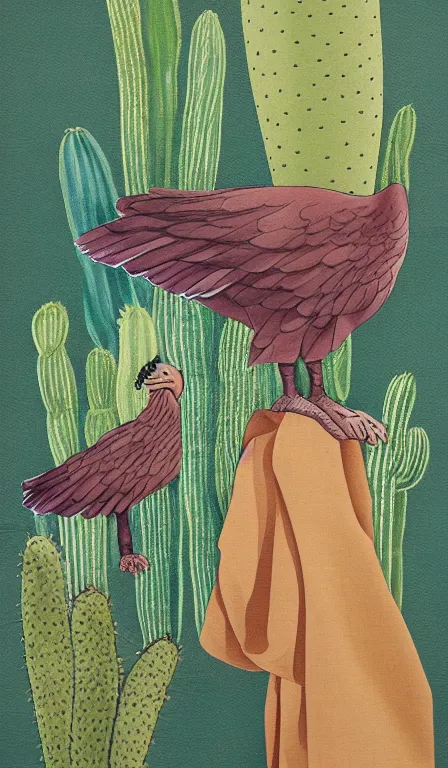 Image similar to lonely turkey vulture sitting on cactus by Shen Quan, hanging scroll, ink and colours on silk