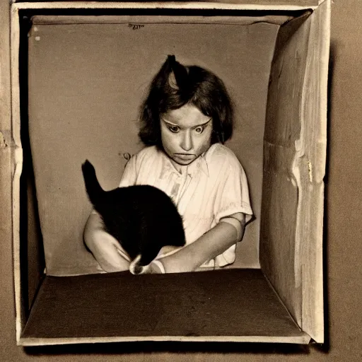 Image similar to a realistic dark photo of a sad child in a shipping box, holding a sad cat. 1 9 5 0 s style