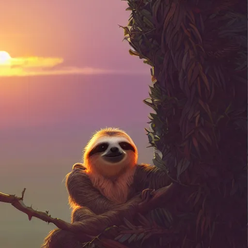 Prompt: a cute sloth in the sunset, intricate, elegant, highly detailed, digital painting, artstation, concept art, matte, illustration, art by Artgerm and Greg Rutkowski and Alphonse Mucha, Simon Stalenhag, hyperreal