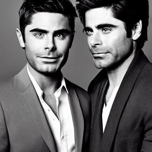 Image similar to portrait of zac efron and john stamos as father and son, vogue magazine, dramatic light, photoshoot, face photo,