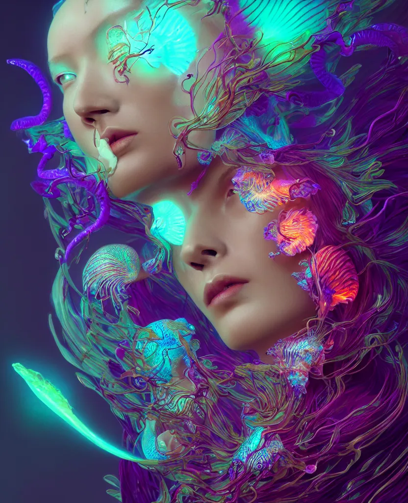 Image similar to goddess close-up portrait. dichroic orchid jellyfish phoenix head, nautilus, skull, betta fish, bioluminiscent creatures, intricate artwork by Tooth Wu and wlop and beeple. octane render, trending on artstation, greg rutkowski very coherent symmetrical artwork. cinematic, hyper realism, high detail, octane render, 8k