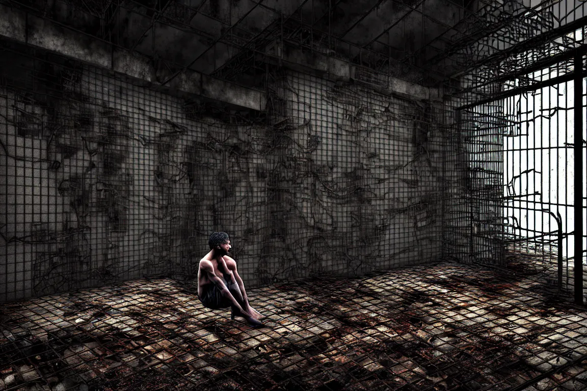 Image similar to Ugly human with long limbs sits on the floor. An underground very dark gloomy multi-layered structure of rusty thick iron grates, dense chain-link fencing and peeling walls. Inside view, collapsed floors, bent rusted iron, masterpiece, black background, corners, cinematic, hyperdetailed, photorealistic, hyperrealism, octane render, 8k, depth of field, bokeh, architecture, shadows, art by Zdzisław Beksiński, Arthur Rackham, Dariusz Zawadzki