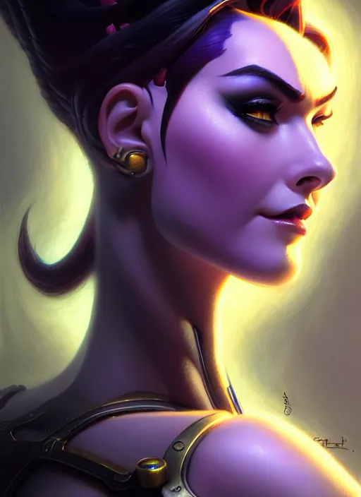 Image similar to beautiful widowmaker from overwatch, fantasy, fantasy art, character portrait, portrait, close up, highly detailed, scifi art, intricate detail, amazing detail, sharp focus, vintage fantasy art, vintage sci - fi art, radiant light, trending on artstation, caustics, by boris vallejo