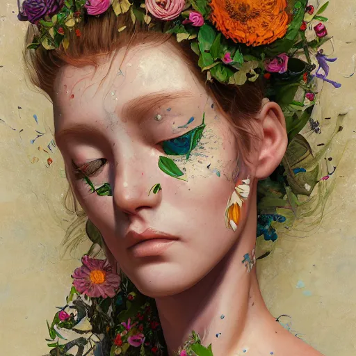 Image similar to biomorphic painting of a female with flowers, au naturel, hyper detailed, digital art, trending in artstation, cinematic lighting, studio quality, smooth render, unreal engine 5 rendered, octane rendered, art style by klimt and nixeu and ian sprigger and wlop and krenz cushart