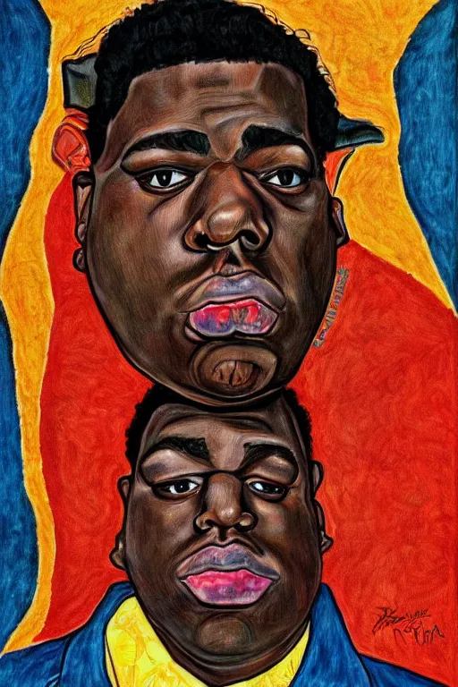 Prompt: a wonderful caricature portrait of biggie small in style of egon schiele, masterpiece, hyperdetailed, complex, intricate, 4 k, trending on artstation