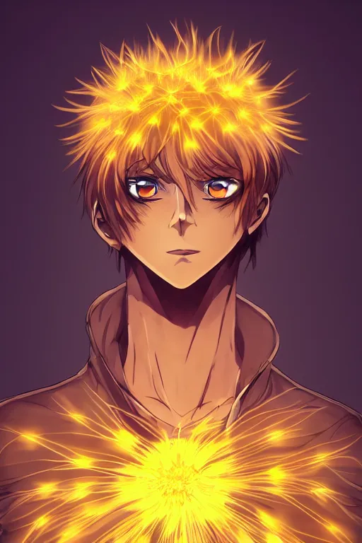 Image similar to amber glowing luminescent dandelion male anime character, symmetrical, highly detailed, digital art, sharp focus, trending on art station, amber eyes, autumnal colours