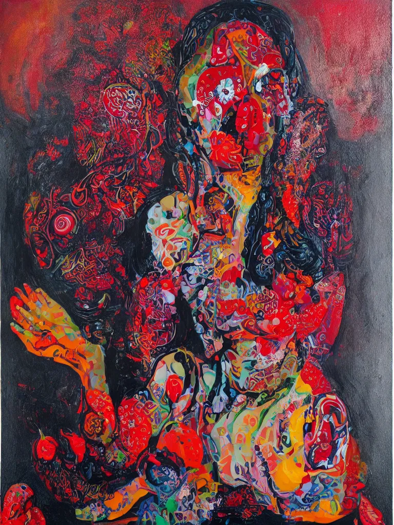 Image similar to “art in an Australian artist’s apartment, portrait of a woman wearing white cotton cloth, eating luscious fresh raspberries and strawberries and blueberries, edible flowers, black background, aboriginal Dreamtime, Eora, Gadigal, intricate, bold colour, acrylic and spray paint and wax and oilstick on canvas”