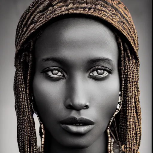 Image similar to vintage portrait of a stunningly beautiful west african tribal female, depth of field, zeiss lens, detailed, symmetrical, centered, fashion photoshoot, by edward s curtis, Annie Leibovitz and Steve McCurry, David Lazar, Jimmy Nelsson, Breathtaking, 8k resolution, extremely detailed, beautiful, establishing shot, artistic, hyperrealistic, beautiful face, octane render