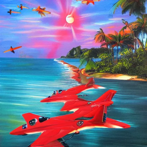 Image similar to sunrise in paradisiacal bay next to winged red panthers, art, concept art, painting