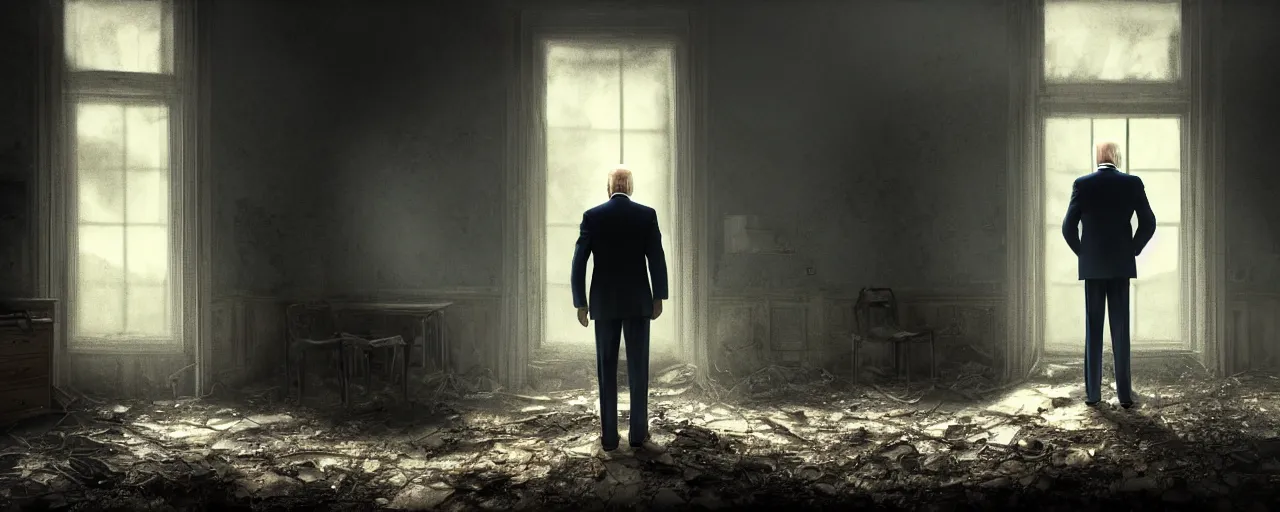 Image similar to joe biden stands alone in an abandoned derelict house with sunlight coming through old dusty windows, collapsed ceiling, dirt, old furniture, dust and cobwebs, gloomy and foggy atmosphere, hyperdetailed, artstation, cgsociety, anatomically correct, beautiful perfect face, sharp focus, highly detailed, cinematic lighting, 8 k, hd