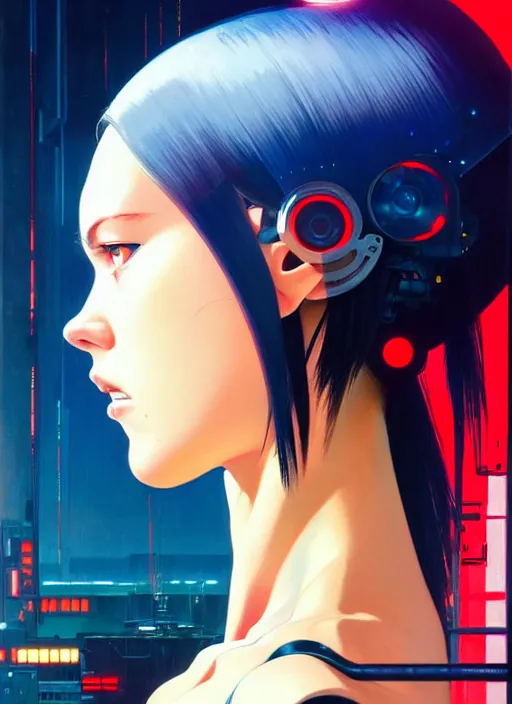 Image similar to side portrait of cyborg girl with robotic parts | | head only in center of image, audrey plaza, fine detail!! anime!! realistic shaded lighting!! poster by ilya kuvshinov katsuhiro otomo ghost - in - the - shell, magali villeneuve, artgerm, jeremy lipkin and michael garmash and rob rey