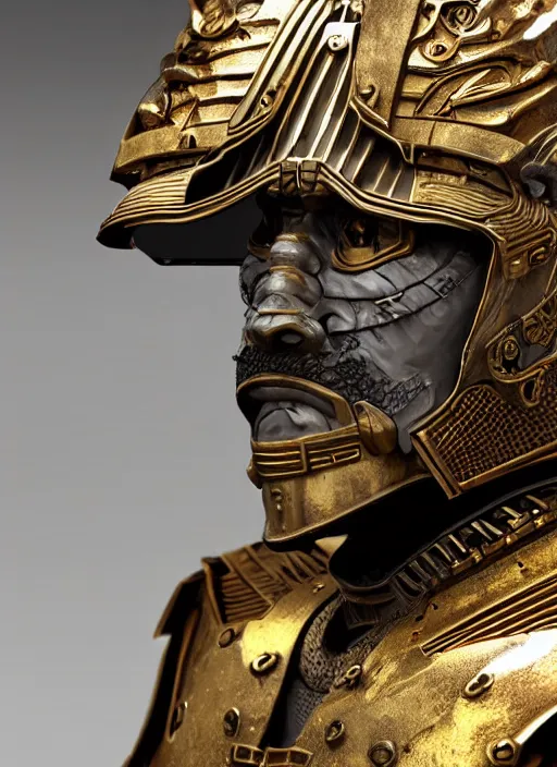 Image similar to hyper realistic glorious ancient samurai in a obsidian metal armor, futuristic design, designed by makoto kobayashi and luca zampriolo, portrait, cyberpunk style, wood and gold details, intricate, extremely detailed, ornate, deep of field, hard surface, exoskeleton, substance designer metal unreal engine. amazing likeness. very detailed.