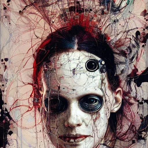 Prompt: a female cyberpunk hacker, skulls wires cybernetic implants, in the style of adrian ghenie esao andrews jenny saville surrealism dark art by james jean takato yamamoto and by ashley wood