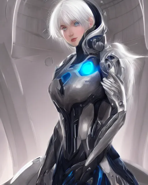 Image similar to perfect white haired girl, warframe armor, beautiful, dreamy, pretty face, blue eyes, portrait, detailed, scifi, utopian architecture in the background, laboratory, 4 k, ultra realistic, aura of light, cinematic, high detail, masterpiece, art by akihito tsukushi, akasuki brightmind