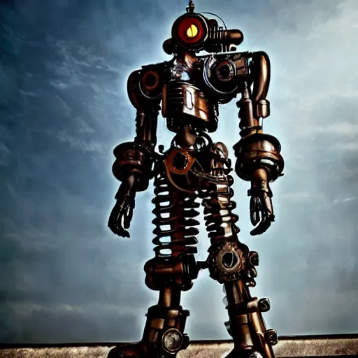 Image similar to real steampunk mech suit with cyberpunk background, photography by annie leibovitz