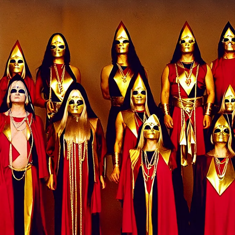 Image similar to members of esoteric cult standing next to inverted pyramids, ektachrome hyper realistic and detailed, wear heavy red ornemental costumes and elongate gold masks and jewels