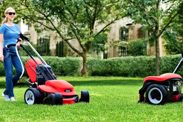 Prompt: baby stroller with a lawn mower attachment