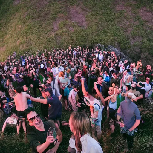 Prompt: epic party with 1 0 0 people on the edge of a cliff drinking heineken beer, sunset