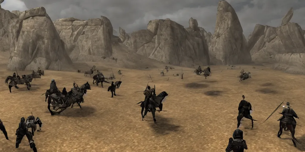 Prompt: mount and blade star wars screenshot riding into battle