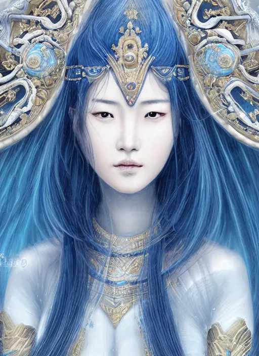 Prompt: portrait of a Korean female Celestial Goddess, scifi, multiversal hair, gold and royal blue luxurious armour, trending on artstation, gsociety, elegant, high-end, ethereal and dreamy theme, she is relaxing at Pamukkale, thermal waters flowing down white travertine terraces, highly detailed, realistic eyes, detailed illustration, smooth, sharp focus, upper body, intricate, rule of thirds, holy glow, backlit, dark background hd 4k by Greg Rutkowski, Alphonse Mucha, Ayami Kojima, Charlie Bowater, Artgerm, Loish, Kentaro Miura, Karol Bak, Greg Hildebrandt, Norman Rockwell