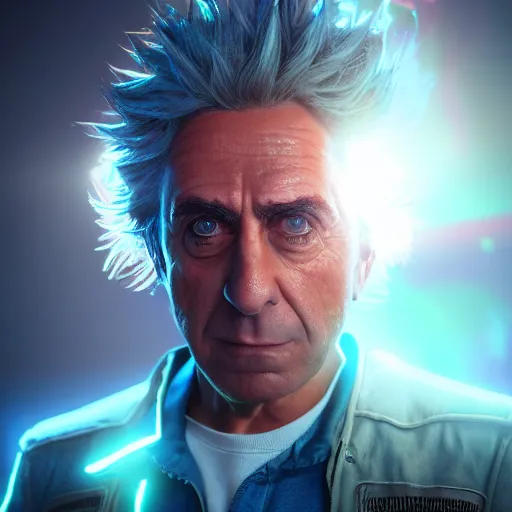 Image similar to portrait art of rick sanchez 8 k ultra realistic, lens flare, atmosphere, glow, detailed, intricate, full of colour, cinematic lighting, trending on artstation, 4 k, hyperrealistic, focused, extreme details, unreal engine 5, cinematic, masterpiece